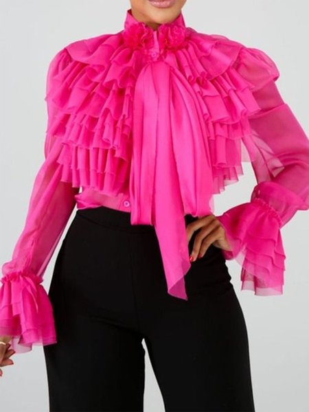 

Elegant Stand Collar Plain Long Sleeve Blouse, Rose red, Blouses and Shirts