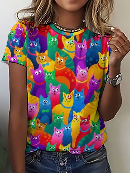 

Womens Funny Rainbow Cat Casual Crew Neck T-Shirt, As picture, T-shirts