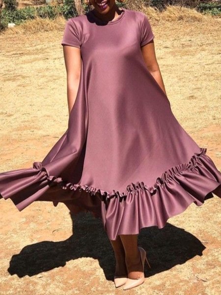 

Crew Neck Short Sleeve Pockets Loose Gathered Dress, As picture, Maxi Dresses