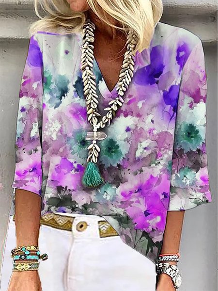 

Casual Floral Loose V Neck Three Quarter Top, Purple, Shirts & Blouses