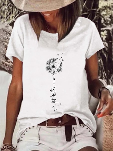

Women Casual Dandelion Floral Crew Neck Short Sleeve Summer T-Shirt, White, Tees & T-shirts