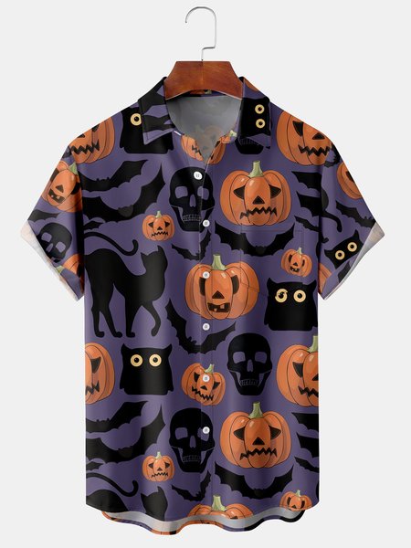 

Men's Halloween Pumpkin & Skull & Cat Print Casual Breathable Short Sleeve Shirt, Purple, Men's Floral shirt