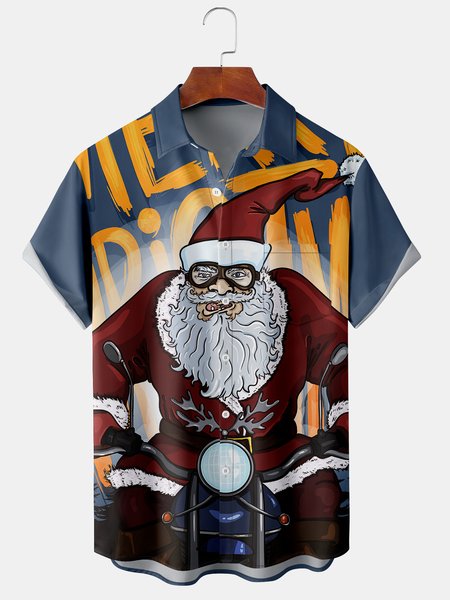 

Men's Santa Print Casual Short Sleeve Shirt with Breast Pocket, Blue, Short Sleeve Shirts