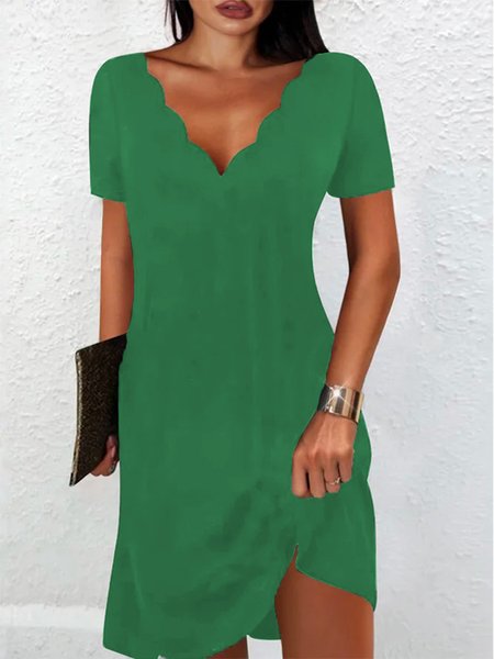 

Casual Solid V neck Short Sleeve Knit Dress, Green, Midi Dresses
