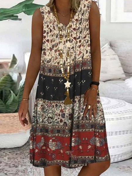 

Women's A Line Dress V Neck Tribal Sleeveless Midi Dress, Wine red, Dresses