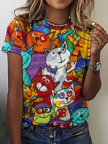 Womens Happy Cat Print Casual T-Shirt, As picture, T-shirts