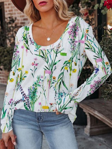 

Floral Crew Neck Loose T-Shirt, Multicolor, T-Shirts
