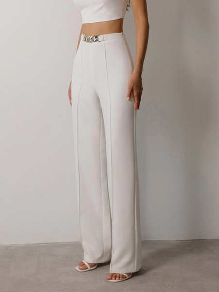

Autumn Commuting H-Line Plain Urban Fashion Regular Fit Pants, White, Wide Leg Pants