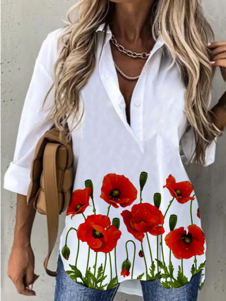 

Floral Shirt Collar Loose Blouse, White, Shirts & Blouses