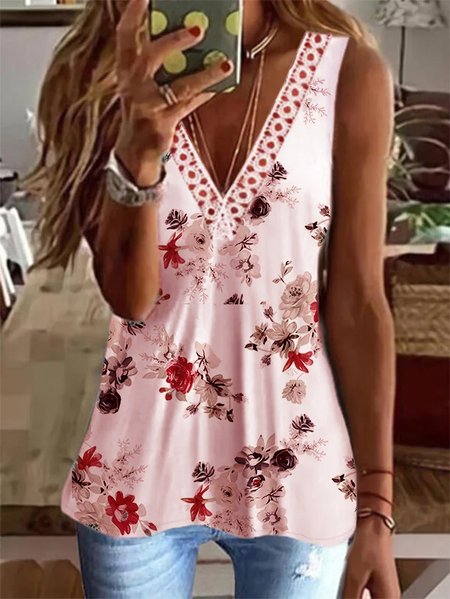 

Floral Sleeveless V neck Casual Knit Tank, Pink, Tanks & Camis
