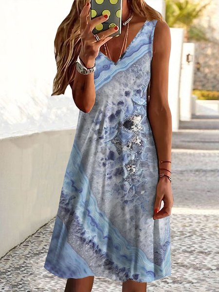 

Vacation Abstract Sea Printed Loosen Midi Dress, Blue, Dresses