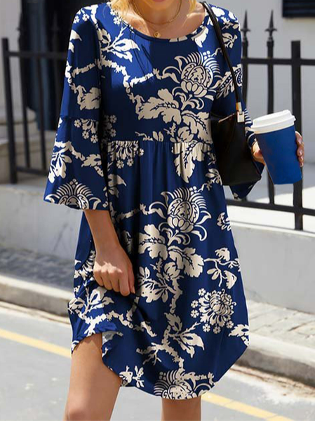 

Casual Crew Neck Floral Dresses, Blue, Dresses