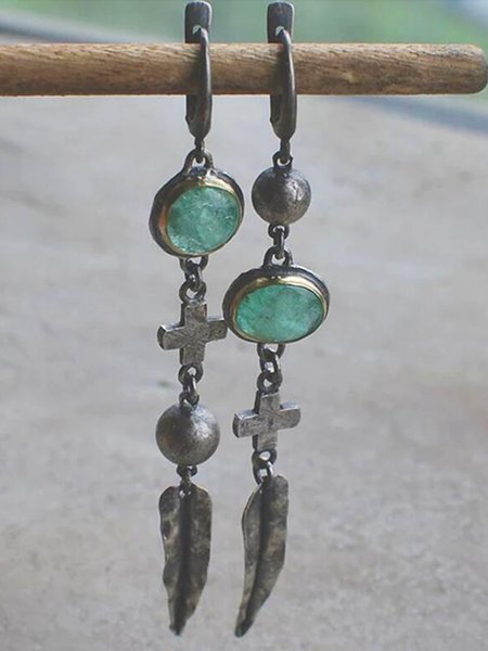 

Ethnic Vintage Silver Earrings with Green Gemstones Boho Holiday Jewelry, Earrings
