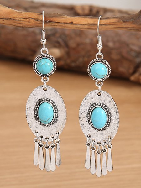 

Vintage Ethnic Long Oval Turquoise Tassel Earrings, Silver, Earrings