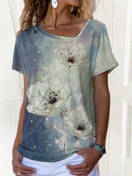 

Casual Floral Knit Short Sleeve T-Shirt, Blue, T-Shirts