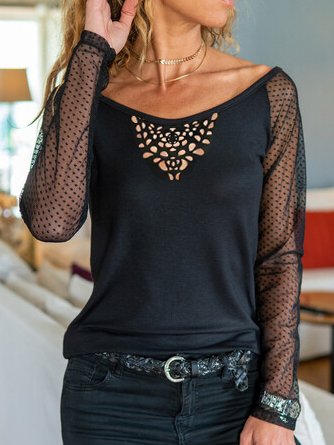 

Plain Lace Sleeve Sexy Tops, Black, Shirts & Blouses