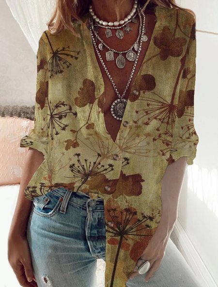 

Casual Leaf Shirt Collar Regular Fit Blouse, Brown, Shirts & Blouses
