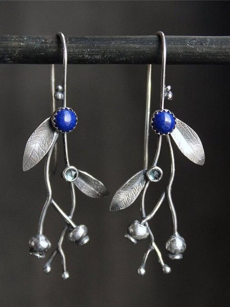 

Ethnic Vintage Natural Stone Lapis Leaf Pattern Earrings Crystal Earrings, Silver, Accessories