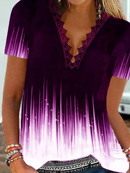 

Casual Printed Short Sleeve T-Shirt, Purple, Shirts & Blouses