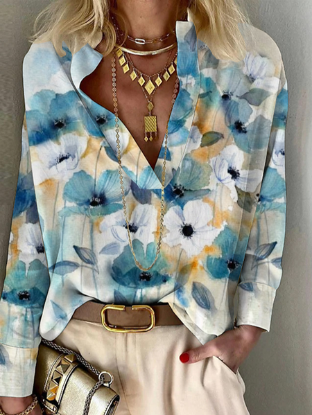 

Casual Loose Floral Blouse, Blue, Shirts & Blouses
