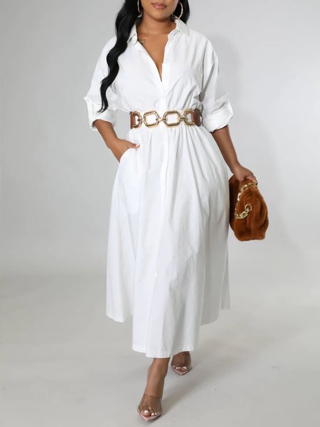 

Elegant Commuting Shirt Collar Plain Pockets Shirt Dress, White, Maxi Dresses