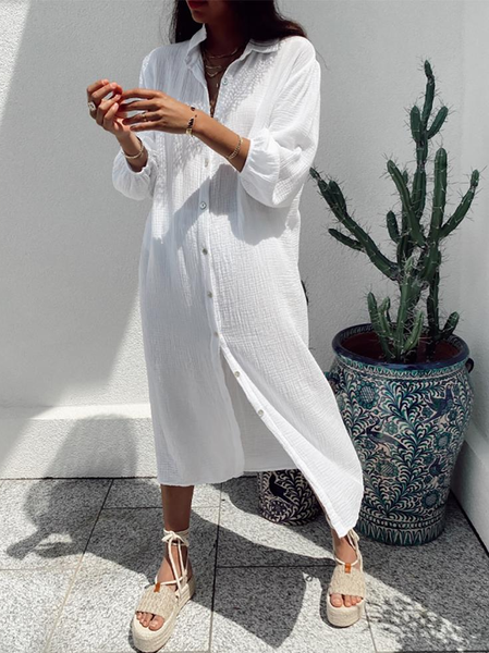 

Simple Loose Lantern Sleeve Plain Dresses, White, Dresses