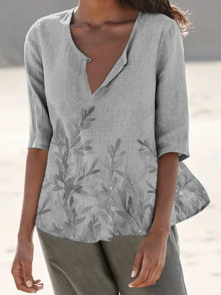 V Neck Regular Fit Floral Short Sleeve Tops, Gray, Tunics