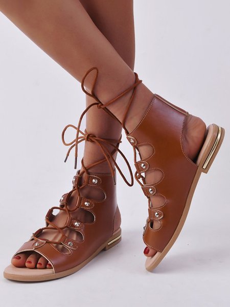 

Vintage Cutout Soft Sole Lace-Up Roman Sandals, Deep brown, Sandals