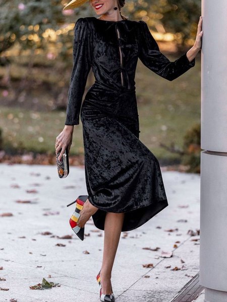 

Elegant Formal Lace-up Long Sleeve Plain Dress, Black, Midi Dresses