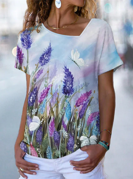 

JFN Asymmetric Square Neck Lavender Butterfly Casual Plants T-Shirt/Tee, Multicolor, T-Shirts