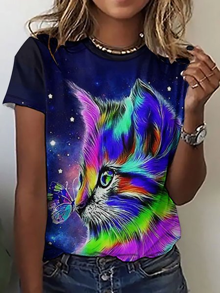 

Womens Butterfly Kiss Cat Print Crew Neck T-Shirt, As picture, T-shirts