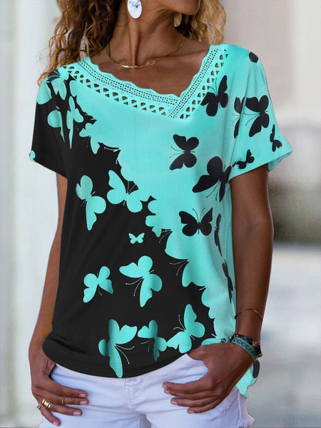 

Casual Butterfly Regular Fit Casual Color Block T-Shirt, Green, T-Shirts