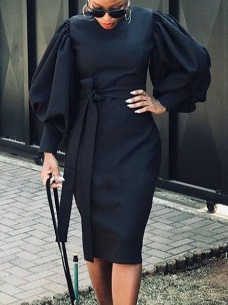 

Elegant Plain Lantern Sleeve Crew Neck Dress, Black, Midi Dresses