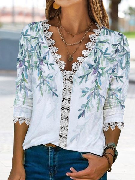 

Leaves loose lace top T-shirt, White, Shirts & Blouses