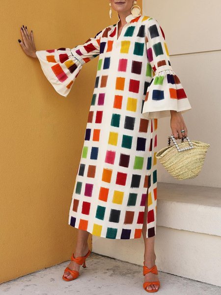 

V Neck Vacation Colorblock Printed Loose Dress, Multicolor, Maxi Dresses