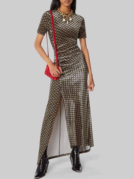 

Vacation Crew Neck Geometric Printed Split Dress, As picture, Maxi Dresses