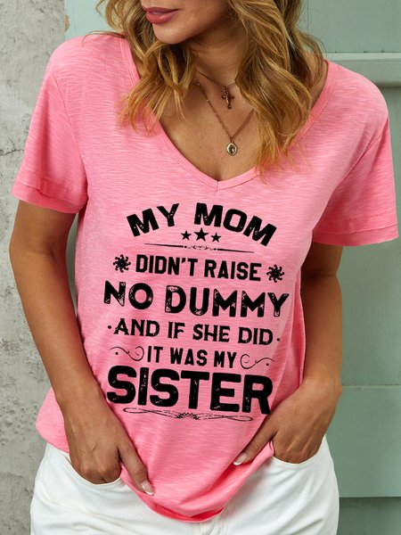

Women Funny Mom And Sister V Neck Simple Loose Top, Pink, T-shirts