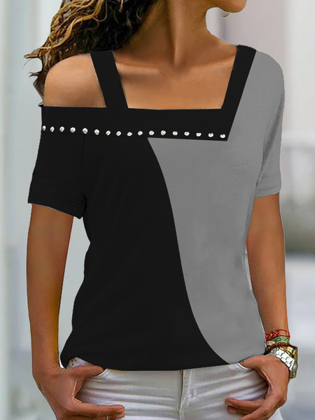 

Loosen Asymmetrical Neck Casual T-Shirt, Black-grey, Shirts & Blouses