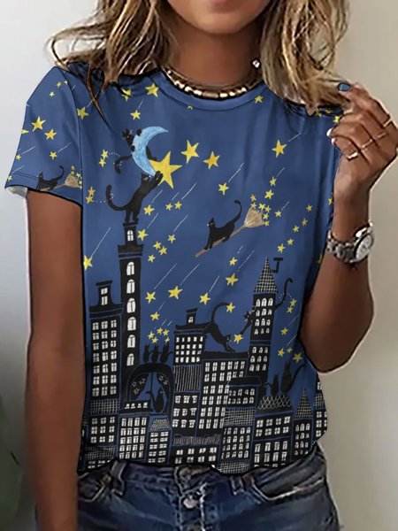 

Womens Night View Cats Dark Blue Casual T-Shirt, As picture, T-shirts
