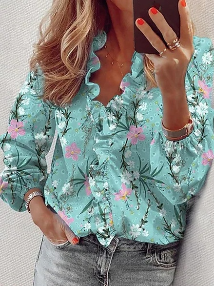 

Floral Loose Casual V Neck Top, Green, Shirts & Blouses