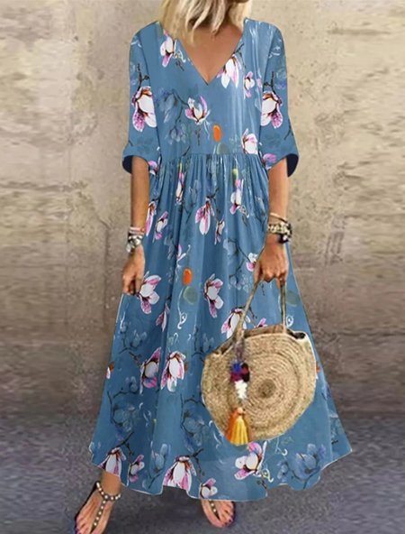 

Floral Regular Fit V Neck Dress, Blue, Dresses
