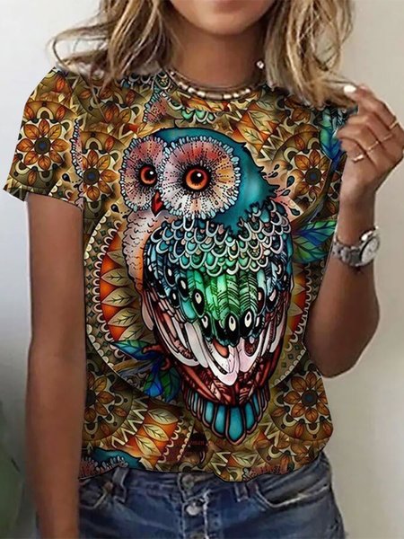 

Casual Cute Animal Print Crew Neck Knit T-Shirt, Brown, T-Shirts