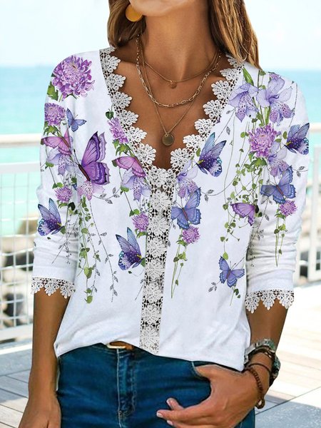 

JFN V Neck Butterfly Flower Lace Casual Long Sleeve Top, White, T-Shirts