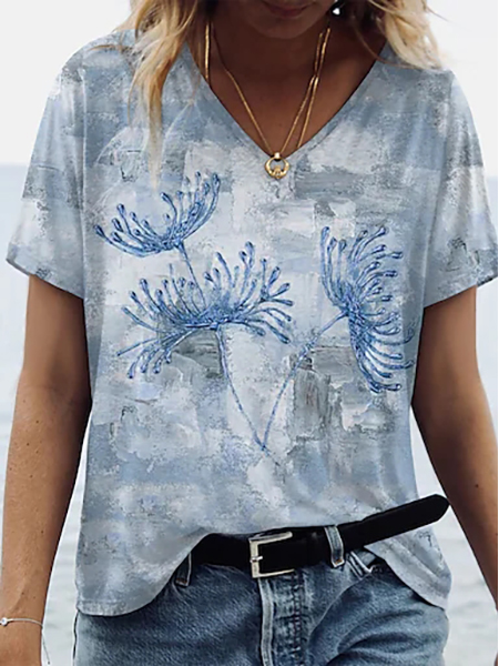 

Floral V Neck Loose Cotton-Blend T-Shirt, Multicolor, T-Shirts