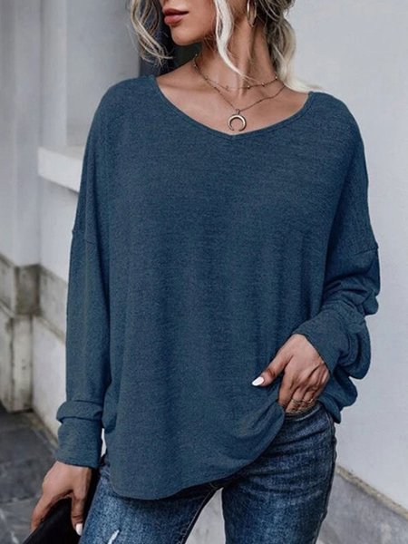 

Plain Casual Loose Long-sleeved Knitted Top, Deep blue, Tops