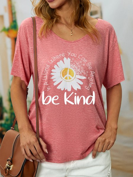

Women Sunflower Be Kind Simple Crew Neck Cotton-Blend T-Shirt, Pink, T-shirts