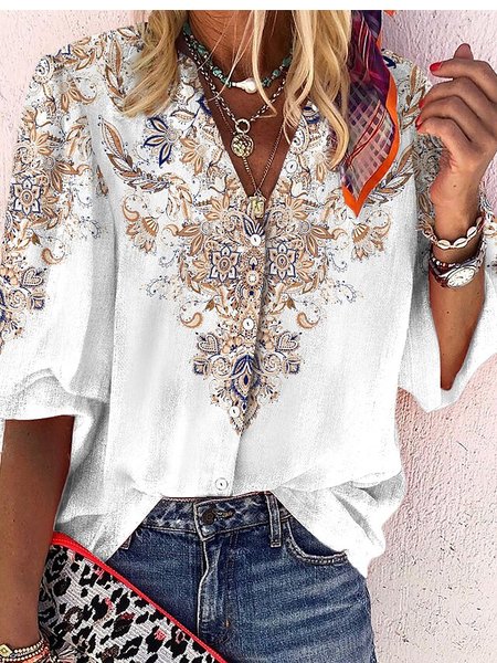 

Ethnic Pattern V Neck Regular Fit Casual Blouse, Multicolor, Blouses & Shirts