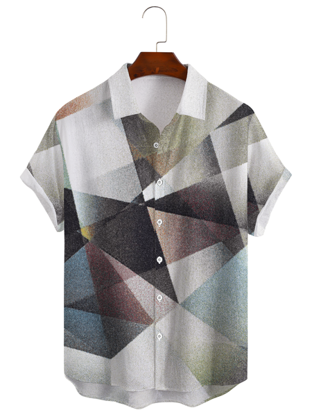 

Cotton Linen Style Geometric Color Block Gradient Print Men's Cotton Linen Short Sleeve Shirt, As picture, Men's Floral shirt