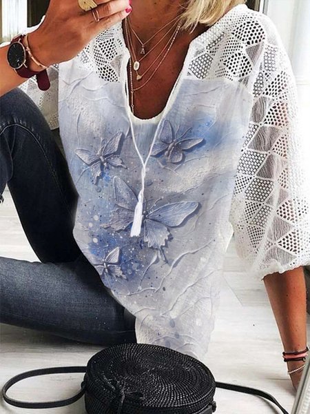 

V Neck Butterfly Loose Tops, White, Shirts & Blouses