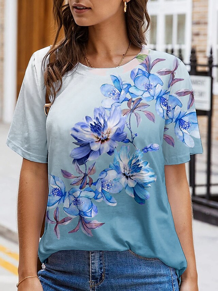 Women Casual Floral Summer Polyester Regular Fit Crew Neck H-Line Regular Medium Elasticity T-shirt, Blue, T-Shirts